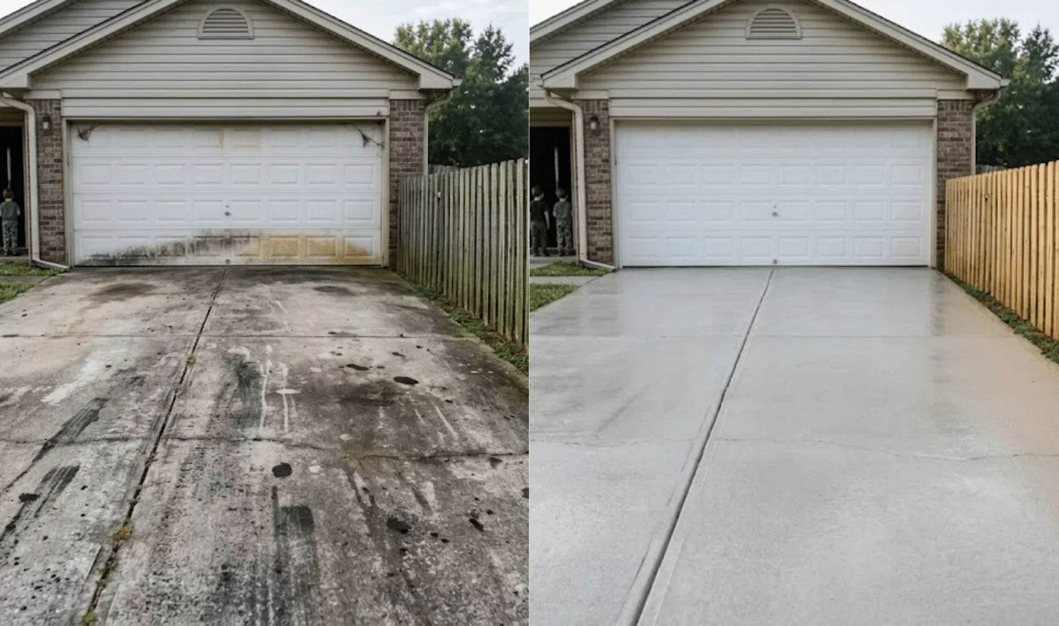 Garage drive before with oil stains and dirt, after clean