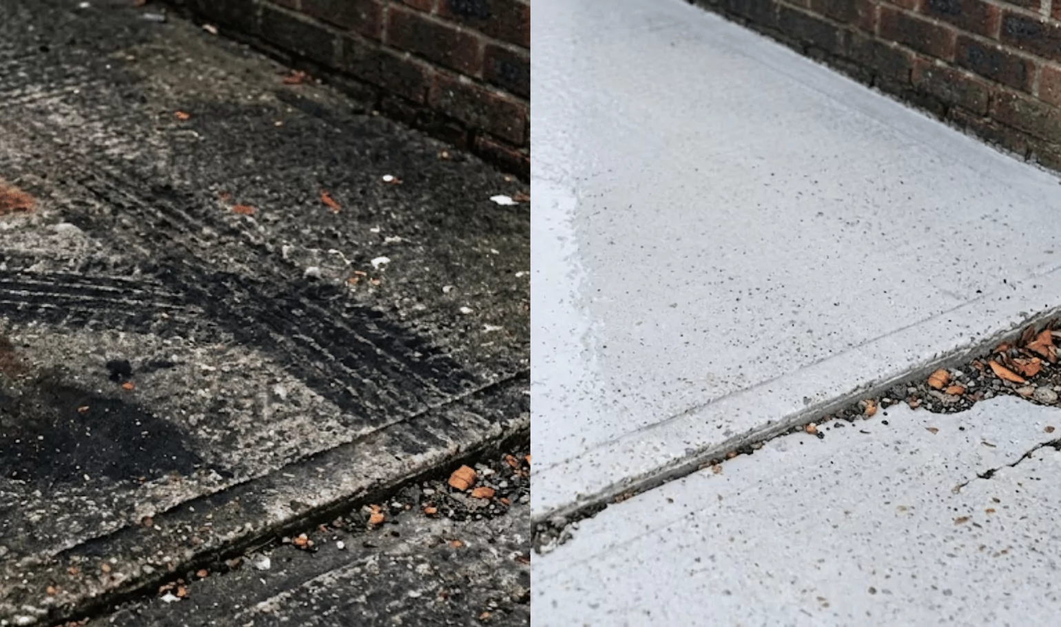 Block paving before with tyre tracks, after cleaned
