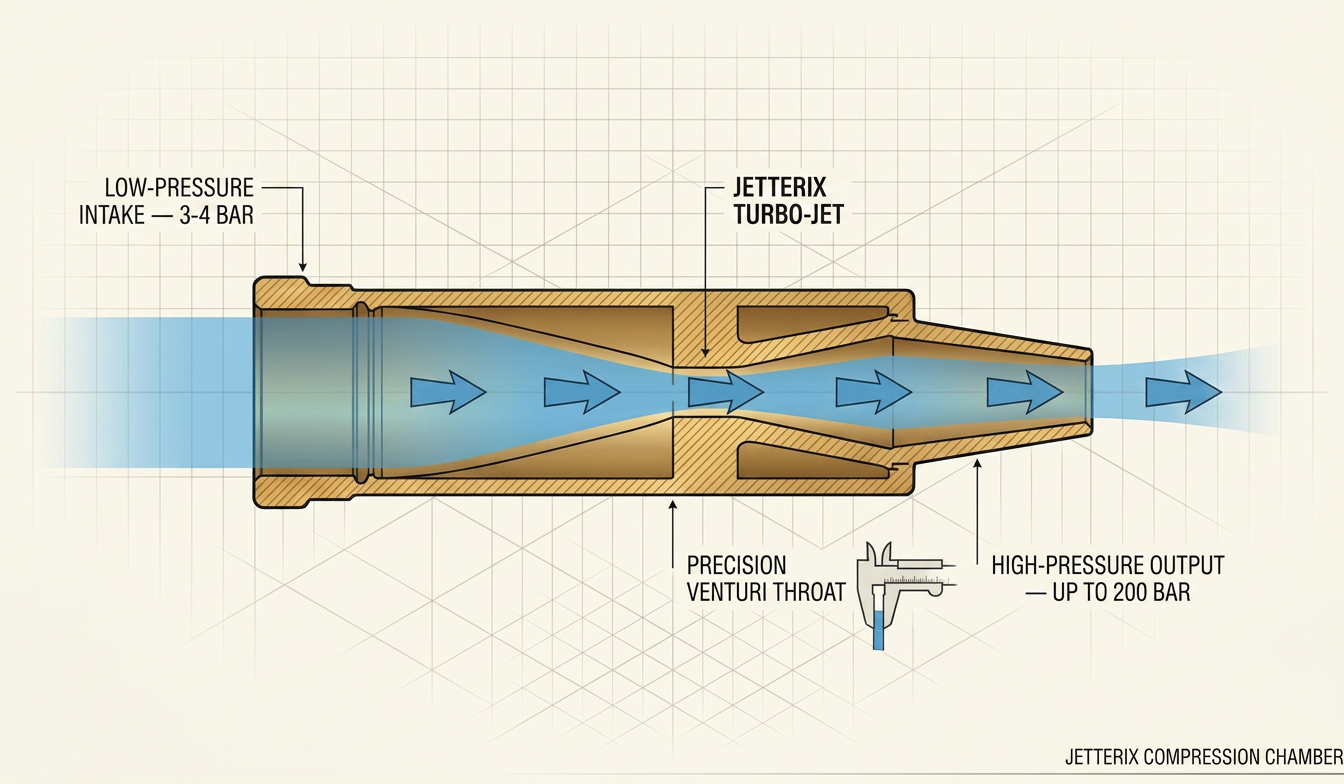 Diagram of the Jetterix LongoMetap compression chamber — cross-section showing low-pressure intake, venturi throat and high-pressure output